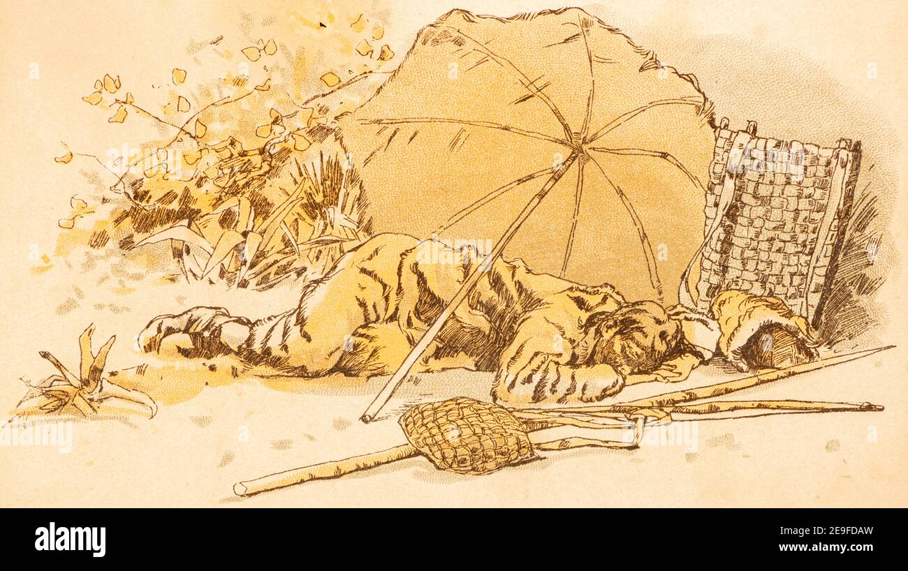 Having returned to his island Robinson is exhausted and falls asleep, Robinson Crusoe, adopted by J. Lohmeyer, watercolors by Carl Marr, Leipzig 1890 Stock Photo