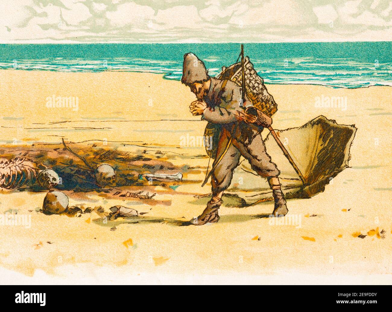 In horror Robinson discovers a human skeleton on the beach, Robinson Crusoe, adopted by J. Lohmeyer, watercolors by Carl Marr, Leipzig about 1890 Stock Photo