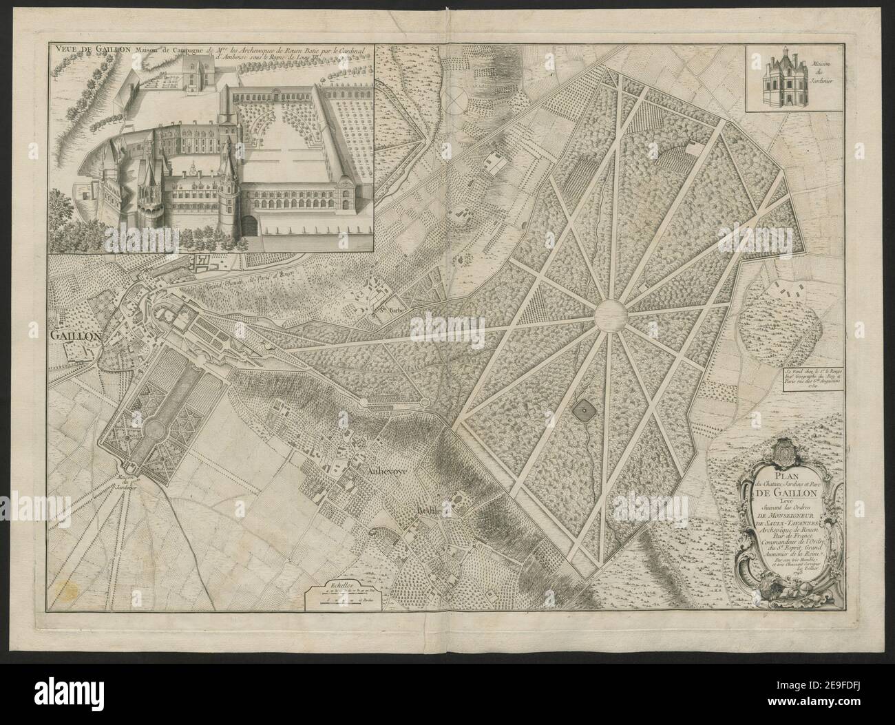 Plan du Chateau, Jardins et Parc de Gaillon  Map information:  Title: Plan du Chateau, Jardins et Parc de Gaillon ; 68.57.a. Place of publication: [Paris] Publisher: Se Vend chez le Sr. le Rouge Ing.r GeÃÅographe du Roy a Paris rue des G.ds Augustins., Date of publication: 1750.  Item type: 1 map Medium: copperplate engraving Dimensions: 39.5 x 69.6 cm  Former owner: George III, King of Great Britain, 1738-1820 Stock Photo