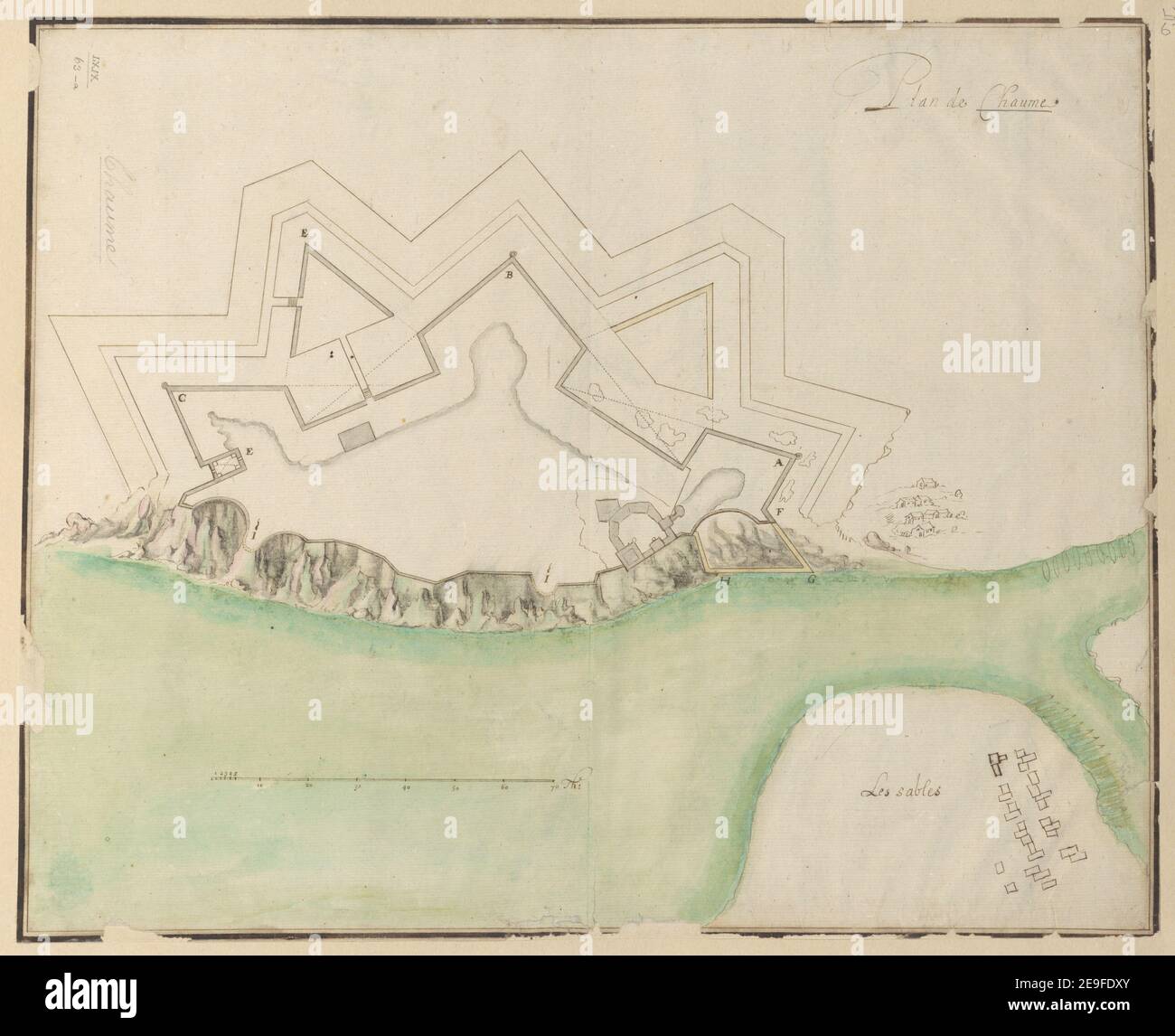 Plan de Chaume. Map information:  Title: Plan de Chaume. 69.63.a. Place of publication: [Chaume ?] Publisher: [unidentified producer]., Date of publication: [1650 c.]  Item type: 1 map Medium: pen and ink with coloured wash Dimensions: 32.3 x 40.3 cm  Former owner: George III, King of Great Britain, 1738-1820 Stock Photo