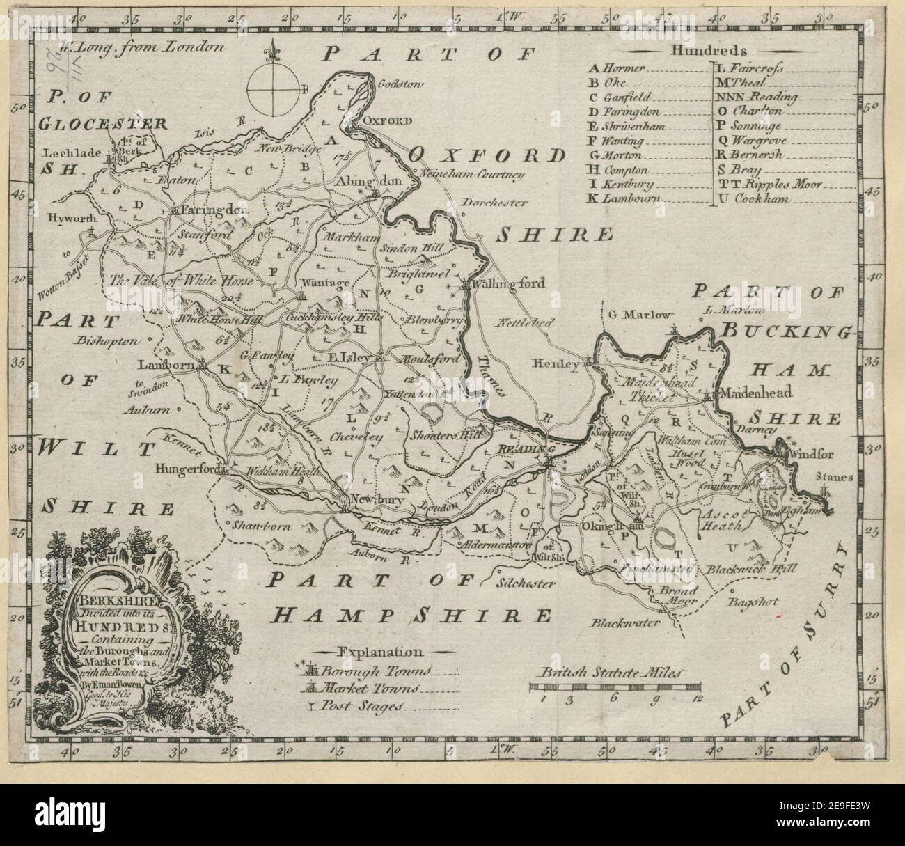 BERKSHIRE Divided into its HUNDREDS  Author  Bowen, Emanuel 7.26. Place of publication: [London] Publisher: [W. Owen] Date of publication: [1758-1759.]  Item type: 1 map Dimensions: 16 x 19 cm  Former owner: George III, King of Great Britain, 1738-1820 Stock Photo