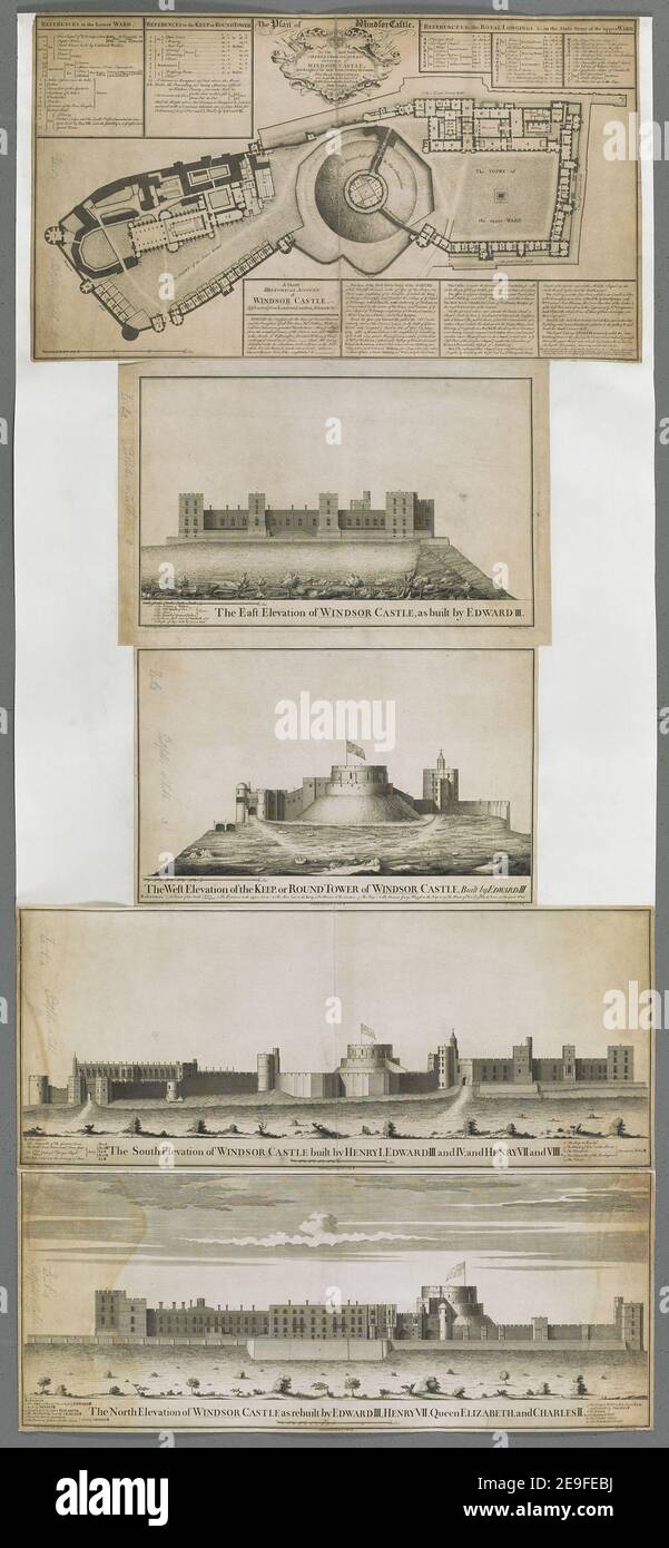 The Plan of Windsor Castle.  Author  Langley, Batty 7.40.l.11 TAB. Place of publication: [London] Publisher: [publisher not identified] Published pursuant to 8 Geo II, Date of publication: [1743.]  Item type: 1 map and 4 views on 1 sheet Dimensions: plates 41 x 71 cm and 30 x 73 or smaller  Former owner: George III, King of Great Britain, 1738-1820 Stock Photo