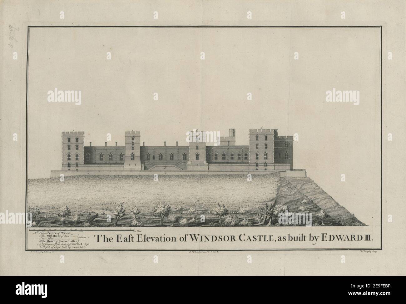The East Elevation of WINDSOR CASTLE, as built by EDWARD III. Author  Langley, Batty 7.40.k.2 Place of publication: [London], Publisher: Published pursuant to 8 Geo II. Date of publication: 1743.  Item type: 1 print: Medium: engraving and etching Dimensions: platemark 29.4 x x 45.8 cm  Former owner: George III, King of Great Britain, 1738-1820 Stock Photo