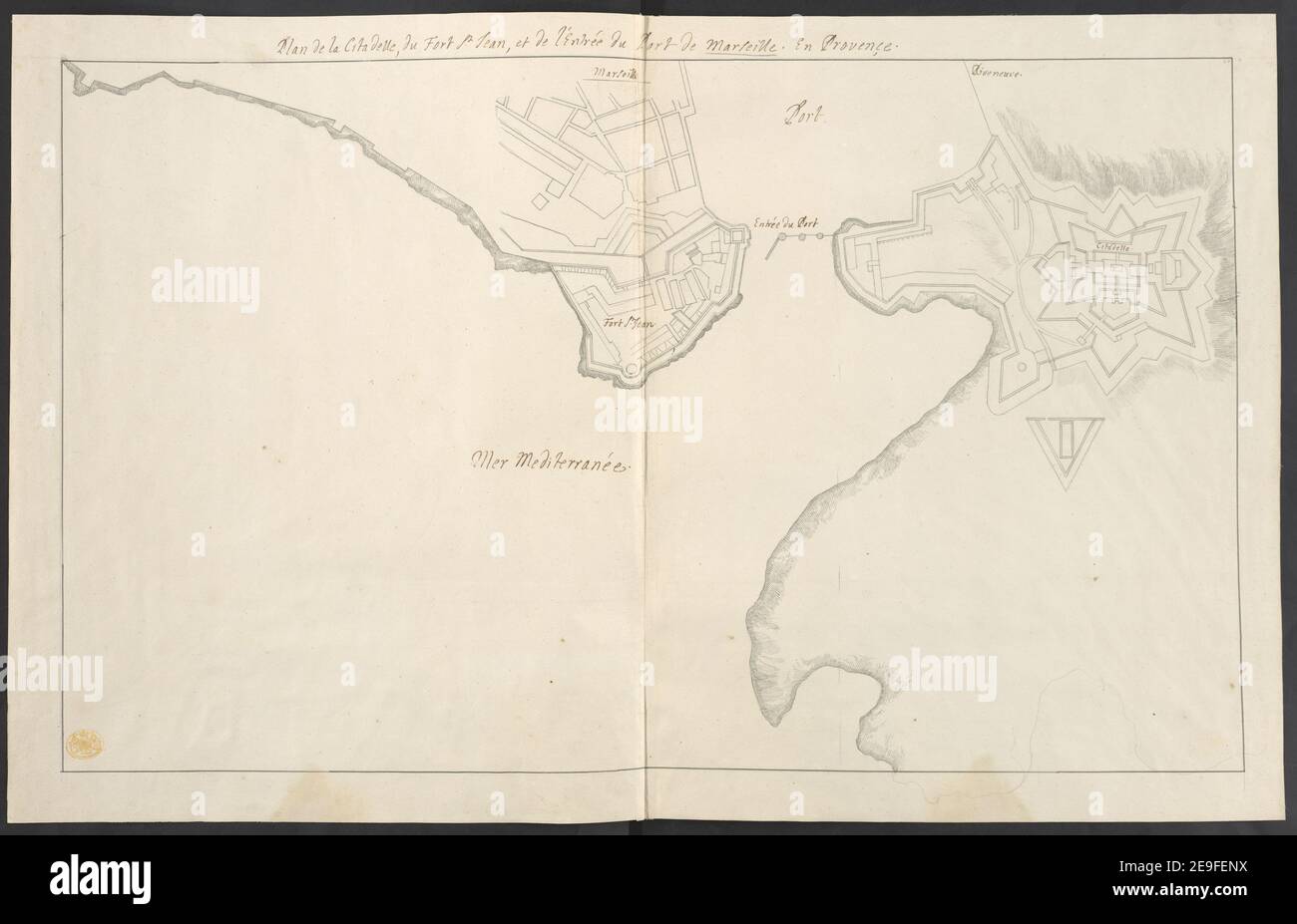 Plan de la Citadelle, du Fort St. Jean, et de l'EntreÃÅe du Fort de Marseille. En Provence. Map information:  Title: Plan de la Citadelle, du Fort St. Jean, et de l'EntreÃÅe du Fort de Marseille. En Provence. 70.20. Place of publication: [France] Publisher: [unknown producer] Date of publication: [1700 c.]  Item type: 1 map Medium: pen and ink Dimensions: 41.5 x 65.0 cm  Former owner: George III, King of Great Britain, 1738-1820 Stock Photo