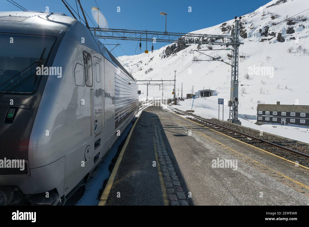 The train from Oslo to Bergen at Myrdal Station, Norway. Stock Photo