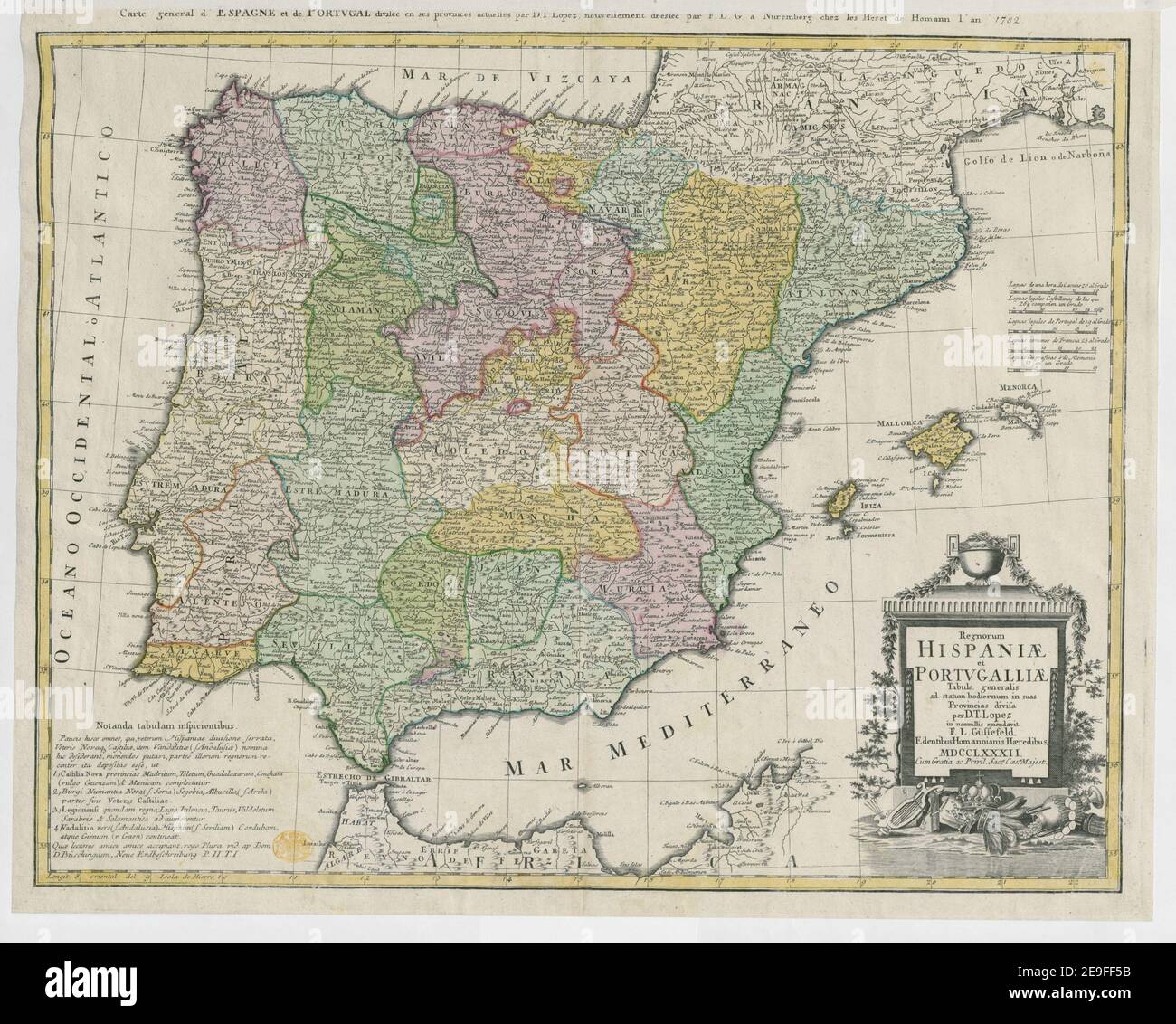 Regnorum HISPANI√Ü et PORTUGALLI√Ü  Author  LoÃÅpez de Vargas Machuca, TomaÃÅs 71.32. Place of publication: [Nuremberg] Publisher: chez les Heret. de Homann l'an 1782., Date of publication: [1782.]  Item type: 1 map Medium: hand coloured Dimensions: 45 x 57 cm  Former owner: George III, King of Great Britain, 1738-1820 Stock Photo