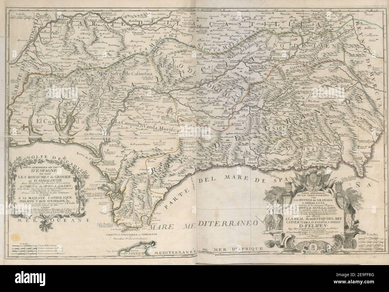 PARTE MERIDIONAL DE LAS COSTAS D'ESPANÃÉAS Con Los REYNOS de GRANADA y ANDALUCIA y poblaciones de los antiguos Reynos de CORDUÃàA, de SEVILLA, y IAEN. Con to dos los appellidos antiguos de las Ciudades Principales pa Author  Nolin, Jean Baptiste 72.2. Place of publication: [Madrid] ;[Paris] ;[Bruxelles] Publisher: En Madrid en casa de Thomas Lopez pensionista de S.M.Ca, 1762. : A Paris sur le Quay de l'Horloge du Palais a l'Enseigne de la Place des Victoires Vers le Pont-Neuf. Avec privilege du Roy. : et a Bruxelles chez Iean Leonard Libraire RueÃà de la Cour Stock Photo