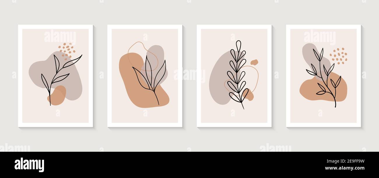 Vector set of boho wall art. Trendy pictures with plants and abstract organic shapes. Botanical illustration Stock Vector