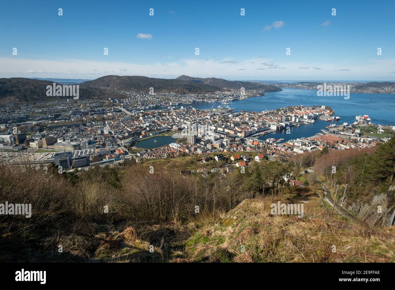 The view of Bergen and Vågen from Mount Fløyen, Norway. Stock Photo