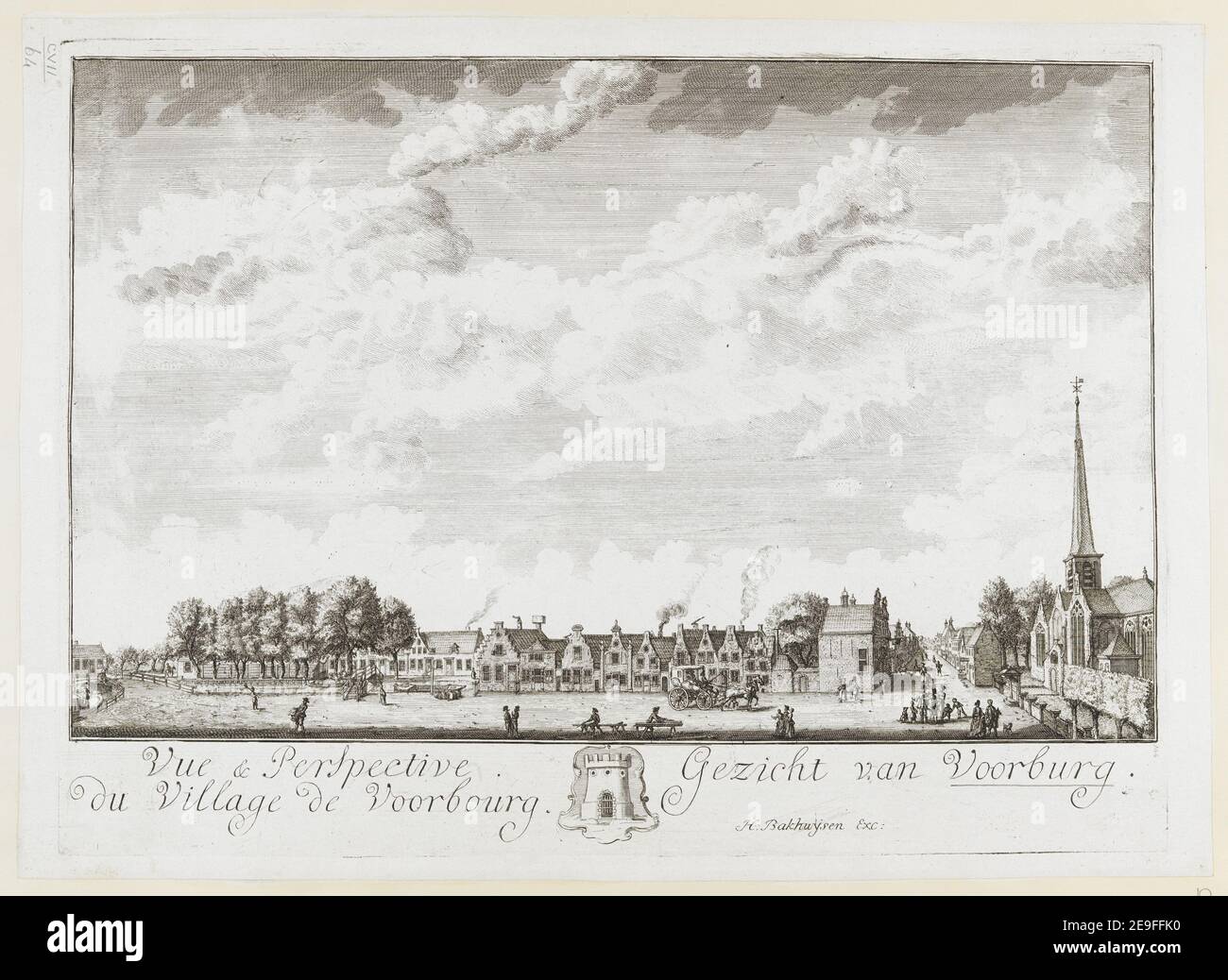 Vue & Perspective du Village de Voorburg = Gezicht van Voorburg. Author  Besoet, I. V. 107.64. Place of publication: [The Hague] Publisher: H. BakhuyÃàsen Excudit, Date of publication: [about 1760]  Item type: 1 print Medium: etching and engraving Dimensions: platemark 30.3 x 41 cm, on sheet 32 x 44.3 cm  Former owner: George III, King of Great Britain, 1738-1820 Stock Photo