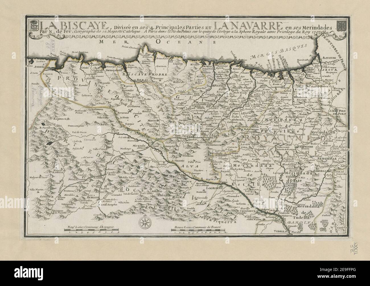 LA BISCAYE Author  Fer, Nicolas de 72.58. Place of publication: Paris Publisher: [Nicolas de Fer] dans l'Isle du Palais sur le quay de l'orloge a la Sphere Royale avec privilege du Roy 1707, Date of publication: [1707.]  Item type: 1 map Medium: hand coloured Dimensions: 32 x 48 cm  Former owner: George III, King of Great Britain, 1738-1820 Stock Photo