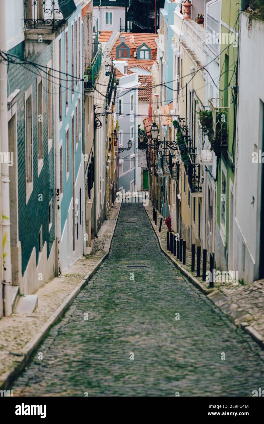 Vertical shot of the narrow streets of Lisbon, Portugal Stock Photo - Alamy