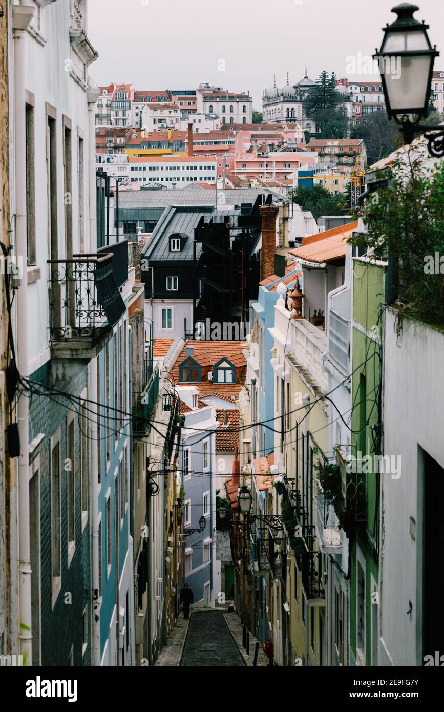Vertical shot of the narrow streets of Lisbon, Portugal Stock Photo - Alamy