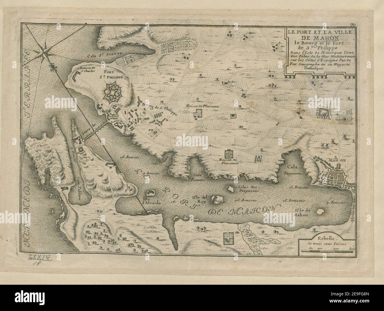 LE PORT ET LA VILLE DE MAHON le Bourg et le Fort de St. Philippe  Author  Fer, Nicolas de 74.18. Place of publication: [Paris] Publisher: [Nicolas de Fer] Date of publication: [1716-1717.]  Item type: 1 map Dimensions: 22 x 33 cm  Former owner: George III, King of Great Britain, 1738-1820 Stock Photo