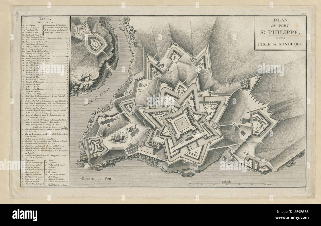 PLAN DU FORT ST. PHILIPPE, DANS L'ISLE DE MINORQUE. Author  Berthault, Pierre Gabriel 74.37. Place of publication: [Paris] Publisher: [Pierre Gabriel Berthault] Date of publication: [1782.]  Item type: 1 map Dimensions: 28 x 39 cm on sheet 32 x 51 cm  Former owner: George III, King of Great Britain, 1738-1820 Stock Photo
