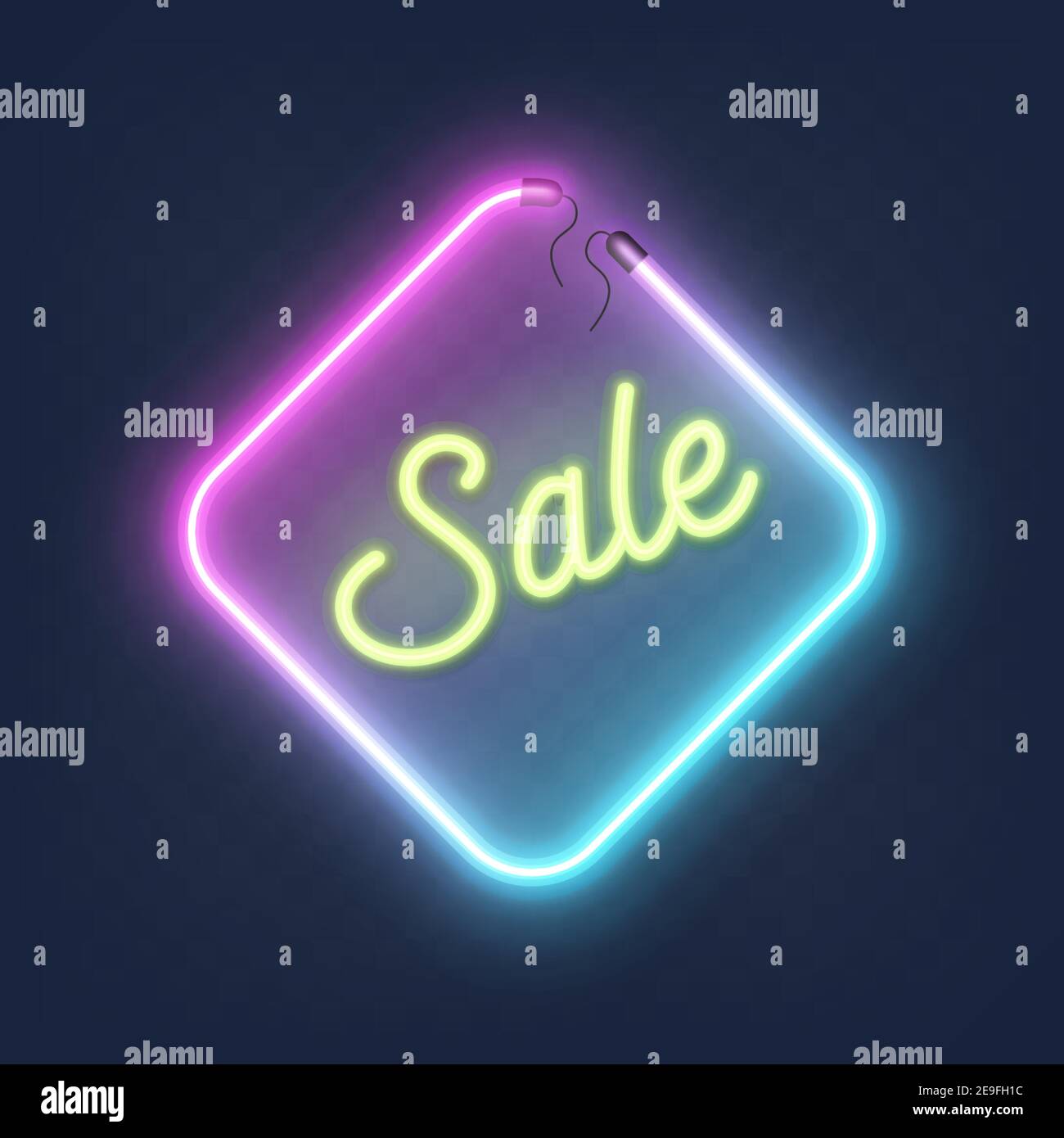 Realistic glowing shape neon rhombus frame with sale sign isolated on transparent background with place for text. Shining and glowing neon effect with Stock Vector
