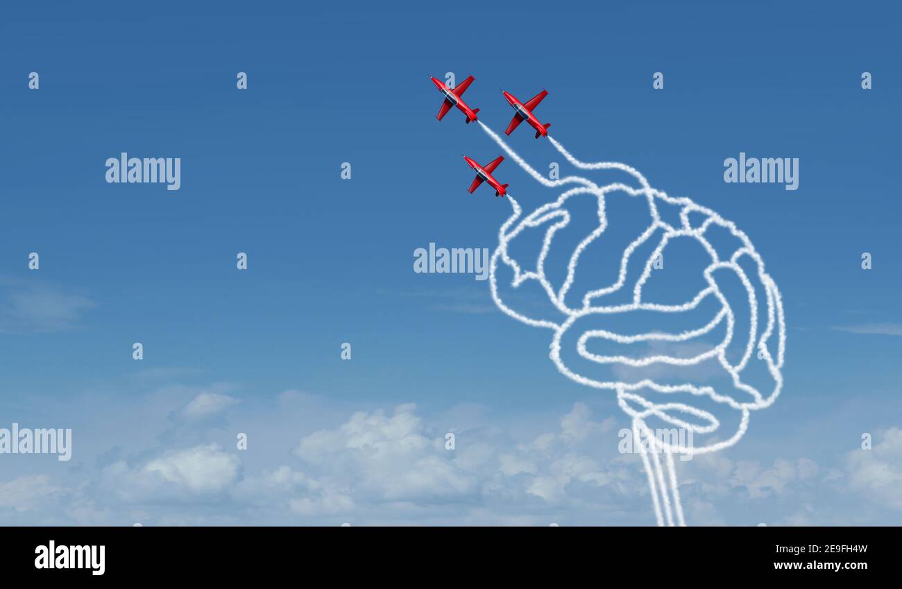 Brave thinking and fearless mind psychology or neurobiology of courage and bravery biology as a brain created by dangerous flying jets. Stock Photo