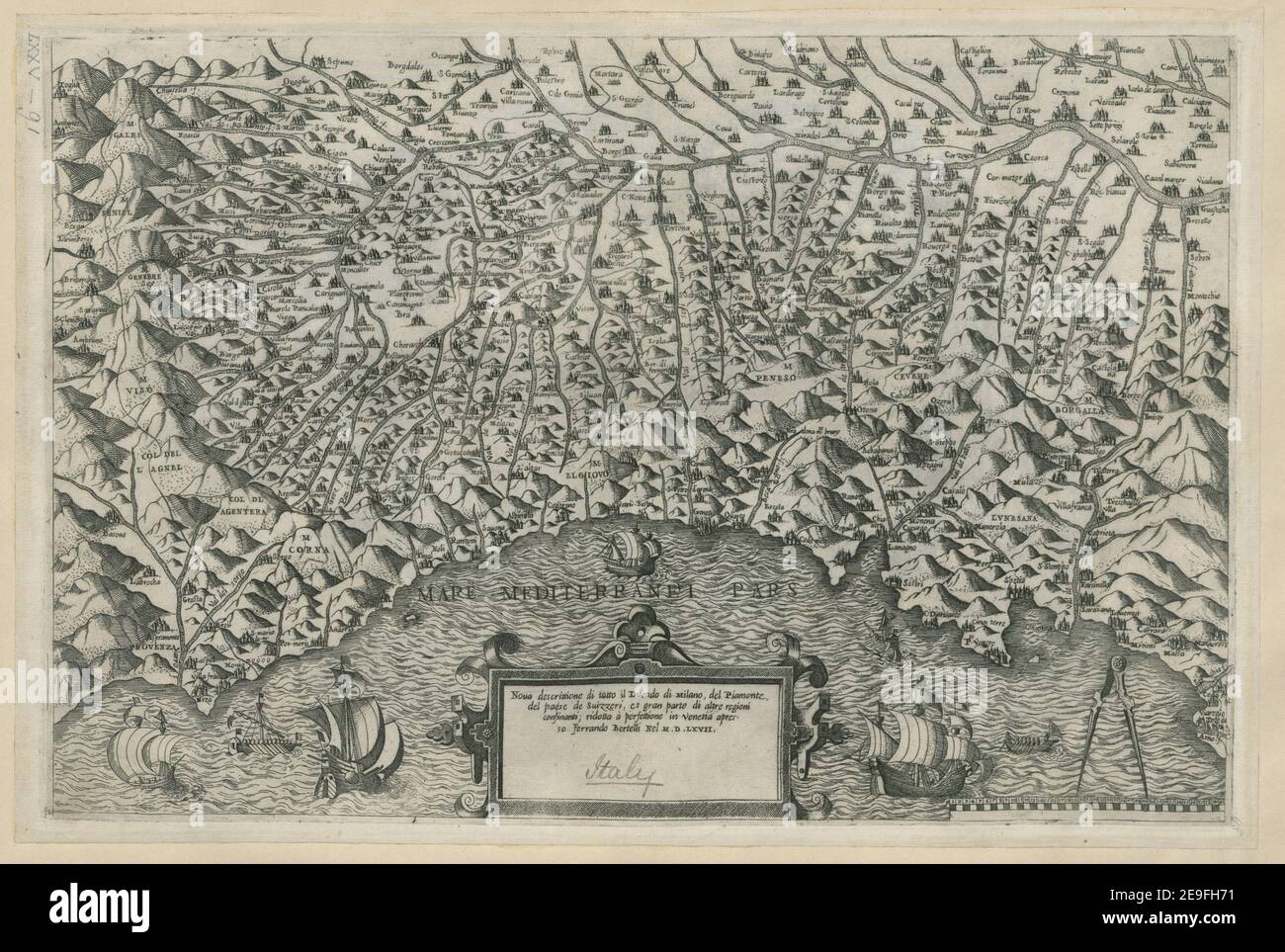 Noua descrittione di Tutto il Ducado di Milano, del Piamonte, del paese de Suizzeri, et grand parte di altri regioni confinanti ridotta aÃÄ perfettione in Venetia apresso Ferrando Bertelli Nel M.D.LXVII. Author  Bertelli, Ferando 75.91. Place of publication: [Venice] Publisher: [Ferando Bertelli, as given above] Date of publication: [1567]  Item type: 1 map Medium: copperplate engraving Dimensions: 29.3 x 43.7 cm  Former owner: George III, King of Great Britain, 1738-1820 Stock Photo
