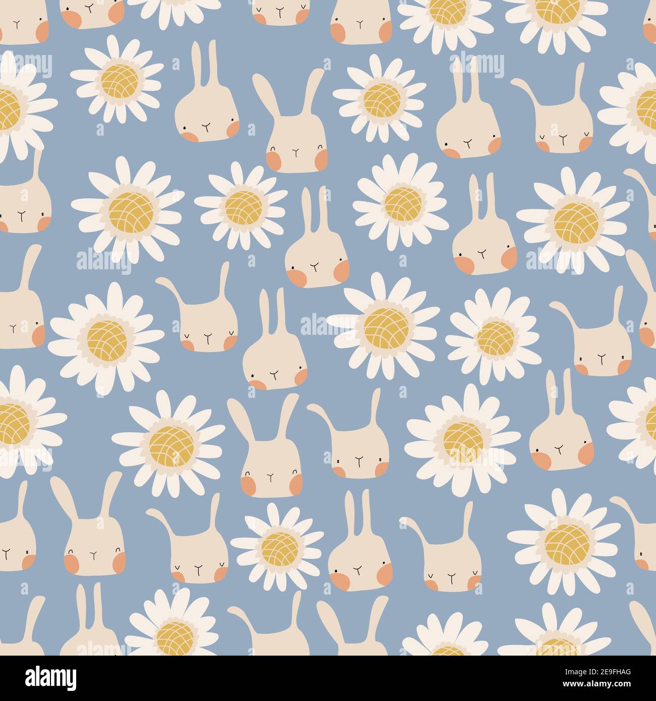 Seamless pattern of cute cartoon bunnies and daisies on blue background ...