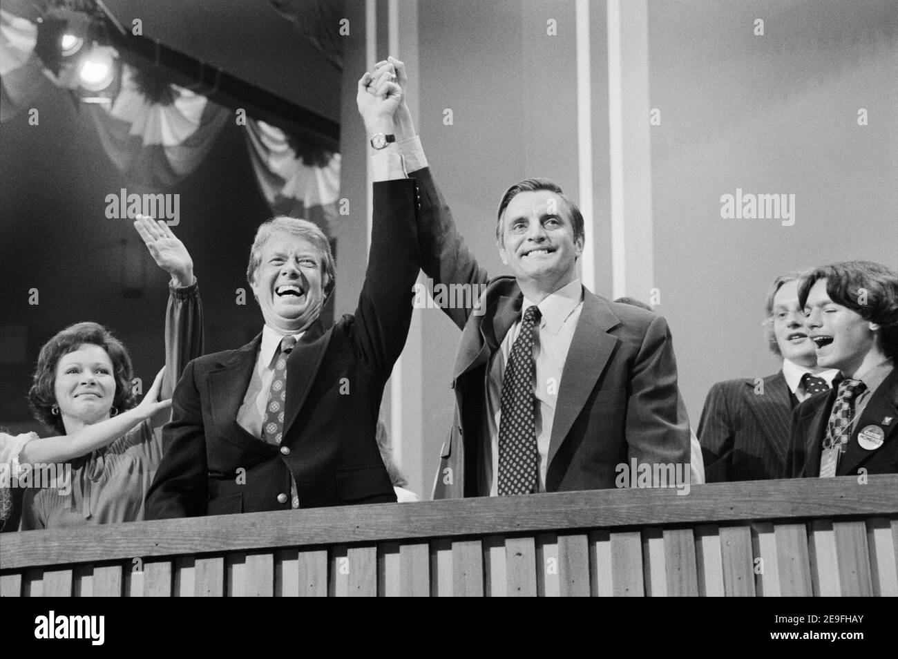 Rosalynn Carter, Jimmy Carter, Walter Mondale at Democratic National Convention, New York City, New York, USA, Warren K. Leffler, July 15, 1976 Stock Photo