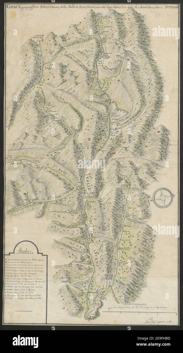 CARTA, Toppograffica Dimonstratiua, della Valle di Stura, Cominciando dal Luogo Sopra il Colle detto La Madellena sino a Demonte  Author  Nigri 76.34. Place of publication: [Turin?], Date of publication: [around 1715?]  Item type: 1 map Medium: ink and watercolour Dimensions: 84.9 x 45.8 cm  Former owner: George III, King of Great Britain, 1738-1820 Stock Photo