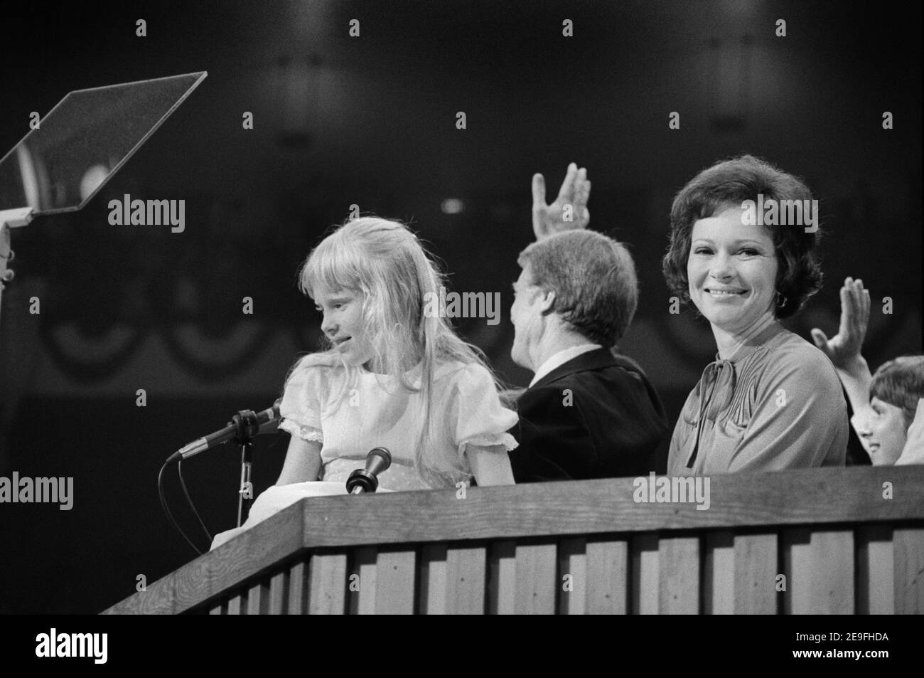 Amy Carter, Jimmy Carter, Rosalynn Carter, Democratic National Convention, New York City, New York, USA, Warren K. Leffler, July 15, 1976 Stock Photo