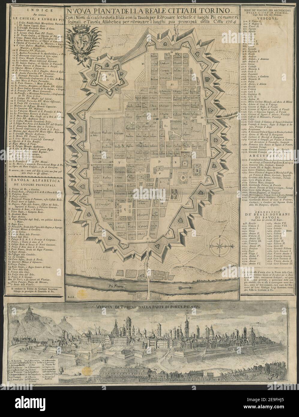 NVOVA PIANTA DELLA REALE CITTA DI TORINO. Author Rameletti, Giuseppe Luigi  76.57.1. Place of publication: Si vendono in Torino Publisher: di Giuseppe  Rameletti Librajo in principio di Contrada di Po. Date of