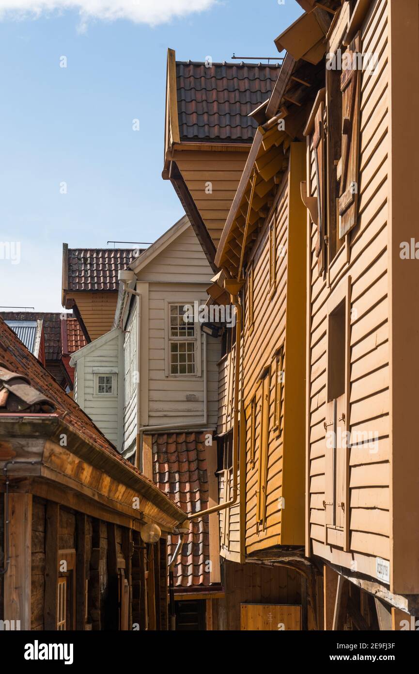 The historic wooden buildings of Jacobsfjorden, Bryggen, Bergen, Norway. Stock Photo