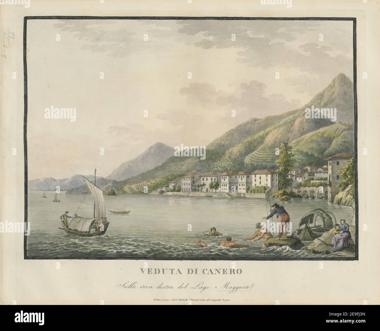 VEDUTA DI CANERO Sulla riva destra del Lago Maggiore. Author  Rados, Luigi 77.46.4.g. Place of publication: Milan Publisher: presso i Frat. Bettalli q.m Gioach.o Contr. del Cappello N¬∞ 4031, Date of publication: [between 1814 and 1820]  Item type: 1 print Medium: hand-coloured etching Dimensions: platemark 38.6 x 46.2 cm, on sheet 40.4 x 49.9 cm  Former owner: George III, King of Great Britain, 1738-1820 Stock Photo