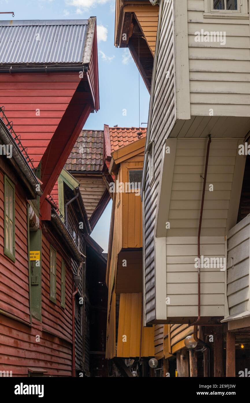 The historic wooden buildings of Bellgården, Bryggen, Bergen, Norway. Stock Photo