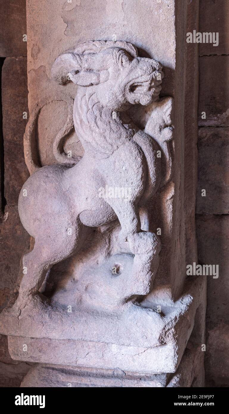 Bagalakote, Karnataka, India - November 7, 2013: Pattadakal temple complex. Closeup of Gray stone lion statue in Jambulingeshwara temple. Stock Photo