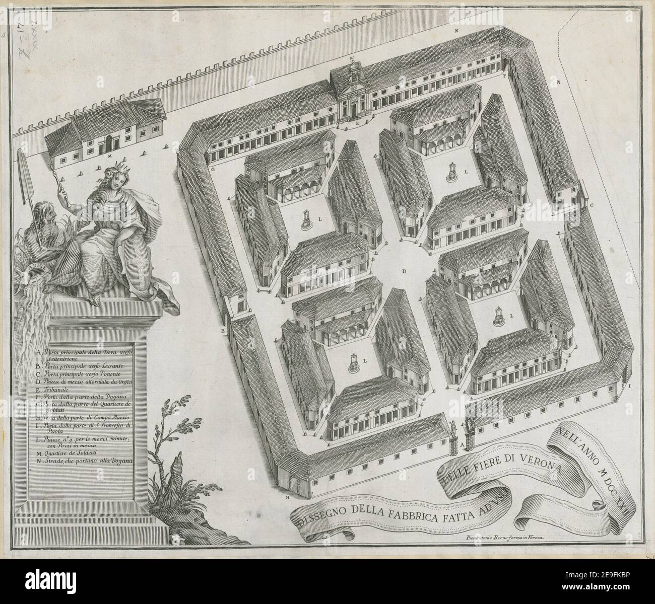 DISSEGNO DELLA FABBRICA FATTA AD USO DELLE FIERE DI VERONA NELL' ANNO M.DCC.XXII. Visual Material information:  Title: DISSEGNO DELLA FABBRICA FATTA AD USO DELLE FIERE DI VERONA NELL' ANNO M.DCC.XXII. 79.41.h. Place of publication: Verona Publisher: Pierantonio Berno forma in Verona, Date of publication: 1722.  Item type: 1 print Medium: etching and engraving Dimensions: sheet 43.4 x 50.8 cm (trimmed)  Former owner: George III, King of Great Britain, 1738-1820 Stock Photo