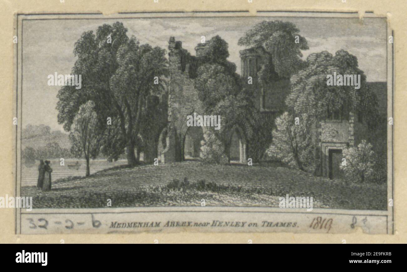 Medmenham Abbey, near Henley on Thames. Visual Material information:  Title: Medmenham Abbey, near Henley on Thames. 8.32.2.b. Place of publication: [London] Publisher: [W. Peacock]., Date of publication: [1819]  Item type: 1 print Medium: etching Dimensions: sheet 3.4 x 6.3 cm [trimmed within platemark].  Former owner: George III, King of Great Britain, 1738-1820 Stock Photo