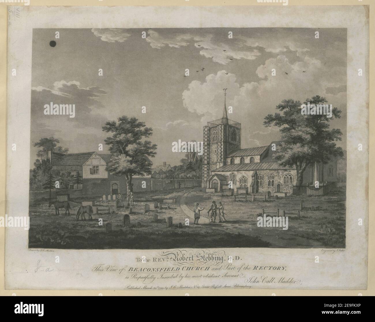 To the Rev.d Robert Stebbing, D.D. This View of Beaconsfield Church and Part of the Rectory,  Author  Jeakes, Joseph 8.5.a. Place of publication: [London] Publisher: Published March 25.th 1799, by J. C. Maddox, No. 14, Great Russell Street, Bloomsbury., Date of publication: [1799]  Item type: 1 print Medium: etching and aquatint Dimensions: sheet 33.6 x 44.0 cm [trimmed within platemark]  Former owner: George III, King of Great Britain, 1738-1820 Stock Photo