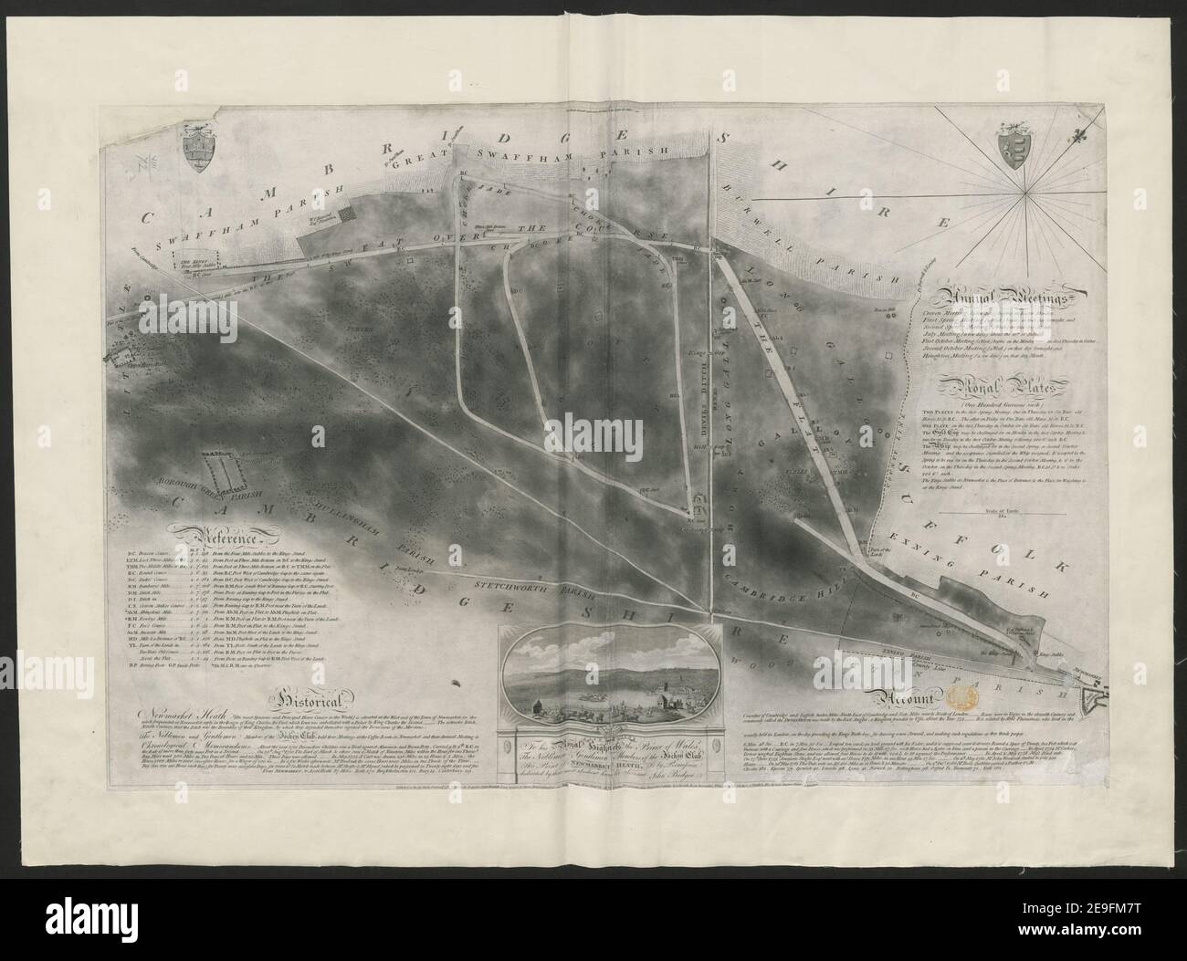 To his Royal Highness, the Prince of Wales, The Noblemen & Gentlemen Members of the Jockey Club, This Print of Newmarket Heath. Is by Permission dedicated by their most obedient humble Servant John Bodger. Author  Bodger, John 8.72. Place of publication: [London] Publisher: Published as the Act directs, October 29.th 1787, , Sold by the Proprietor John Bodger, Land Surveyor, at Stilton, Huntingdonshire. Messr.s [...]dells No. 90 Cheapside,Mr. Weatherby No. 7 Orenden Street, Haymarket, London, , at the Coffee Room Newmarket, Where may be had, Charts of Whit Stock Photo