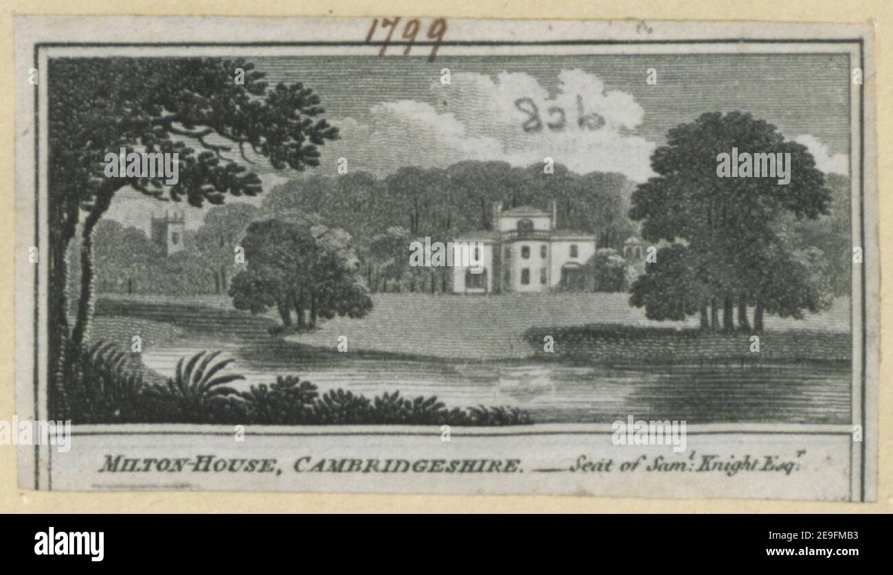 Milton House, Cambridgeshire.   Seat of Sam.l Knight Esq.r. Visual Material information:  Title: Milton-House, Cambridgeshire. - Seat of Sam.l Knight Esq.r. 8.82.b. Place of publication: [London] Publisher: [W. Peacock]., Date of publication: [1799]  Item type: 1 print Medium: etching Dimensions: sheet 3.6 x 6.5 cm [trimmed within platemark].  Former owner: George III, King of Great Britain, 1738-1820 Stock Photo
