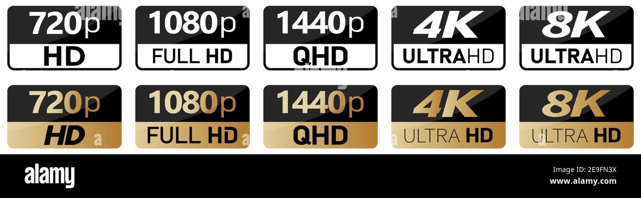 Black, white and golden video or screen resolution icons. Set from 720p to 8k Stock Vector