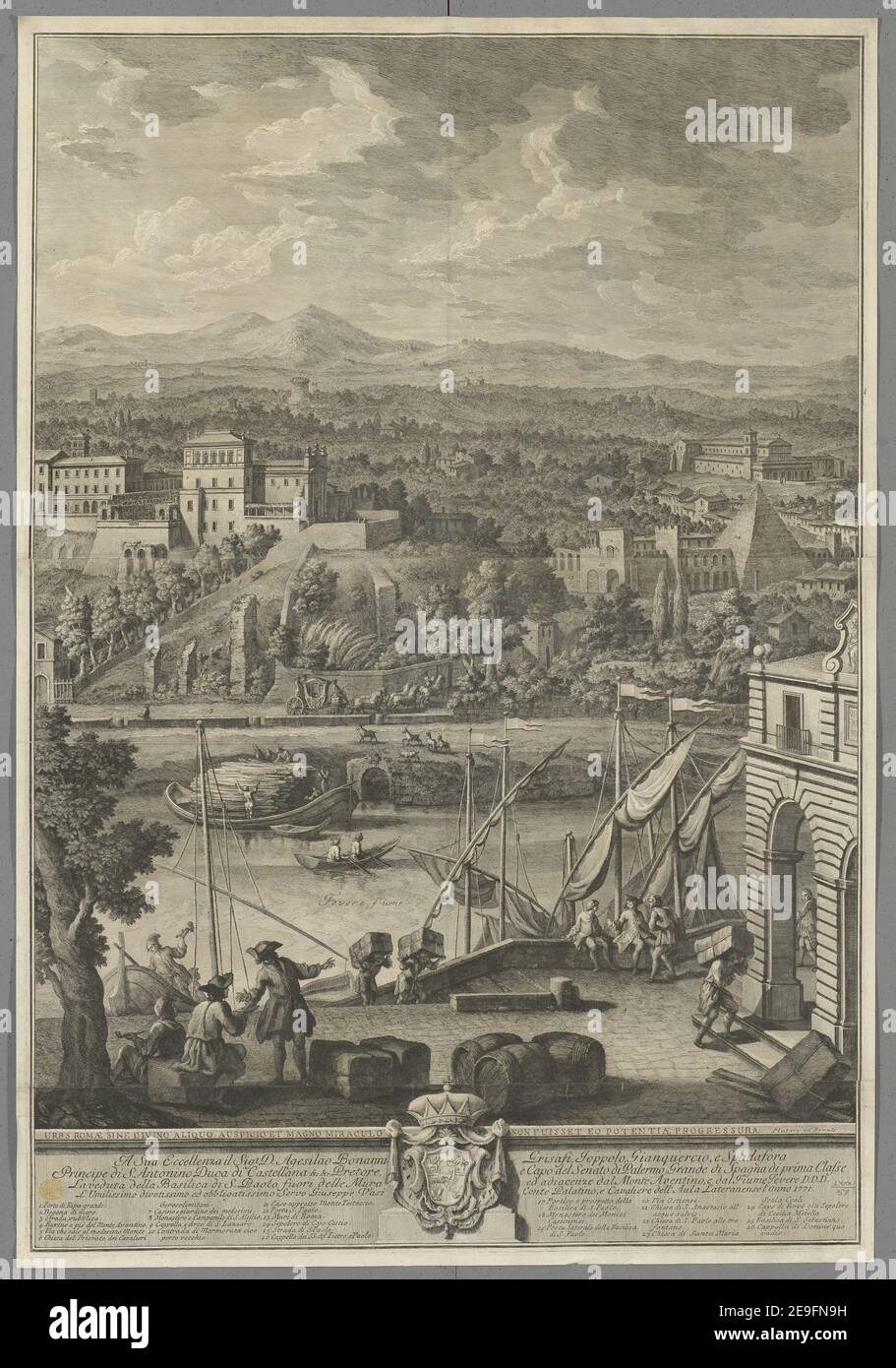 Veduta della Basilica di S. Paolo fuor*** della Mura ed adjacenze dal Monte Aventino e dal Fiume Tevere da G. Vasi. Author  Vasi, Giuseppe 81.59. Date of publication: 1771.  Item type: 2 foglie.  Former owner: George III, King of Great Britain, 1738-1820 Stock Photo