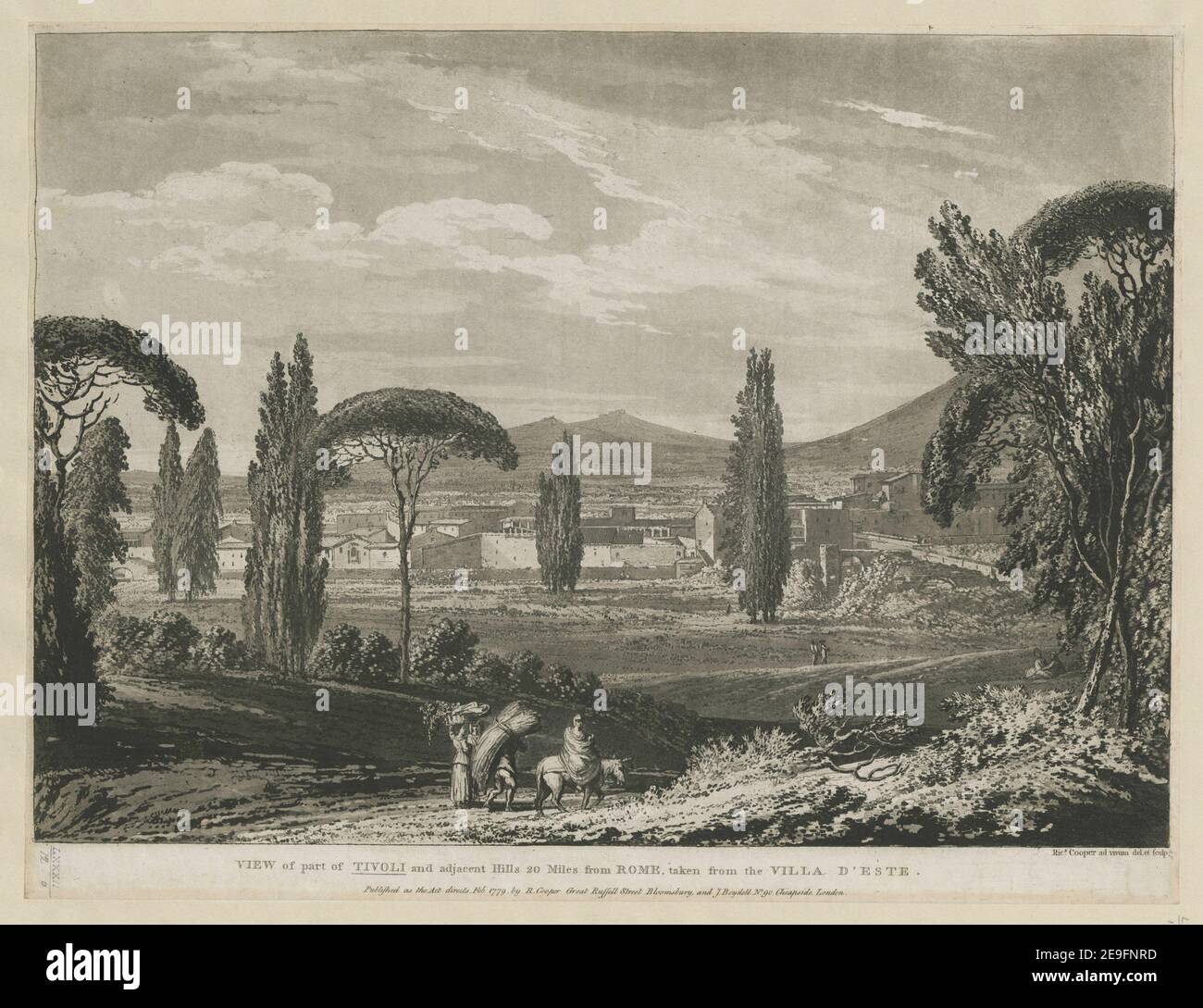 VIEW of part of TIVOLI and adjacent Hills 20 Miles from ROME. taken from the VILLA D'ESTE.  Author  Cooper, Richard 82.12.o. Place of publication: [London] Publisher: Published as the Act directs Feb. 1779 by R. Cooper Great Russell Street Bloomsbury, and J. Boydell No, 90 Cheapside London. Date of publication: [1779]  Item type: 1 print Medium: sepia aquatint Dimensions: sheet 39.2 x 51.5 cm (trimmed below platemark)  Former owner: George III, King of Great Britain, 1738-1820 Stock Photo
