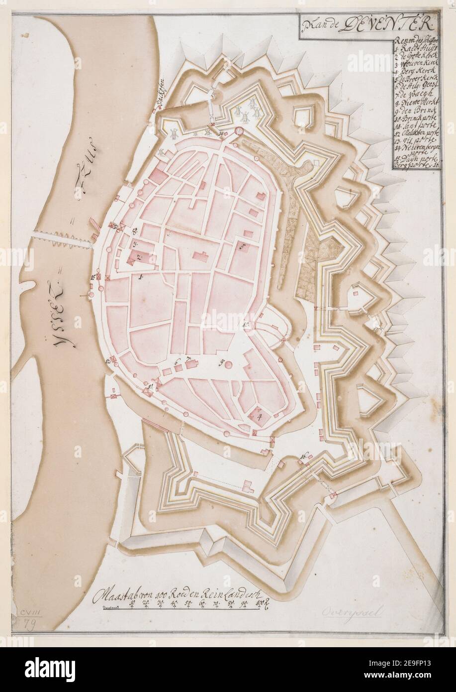Plan de DEVENTER. Map information:  Title: Plan de DEVENTER. 108.79. Date of publication: ca. 1700-1720.  Item type: 1 map Medium: pen and ink with coloured wash Dimensions: 49.7 x 34.2 cm  Former owner: George III, King of Great Britain, 1738-1820 Stock Photo