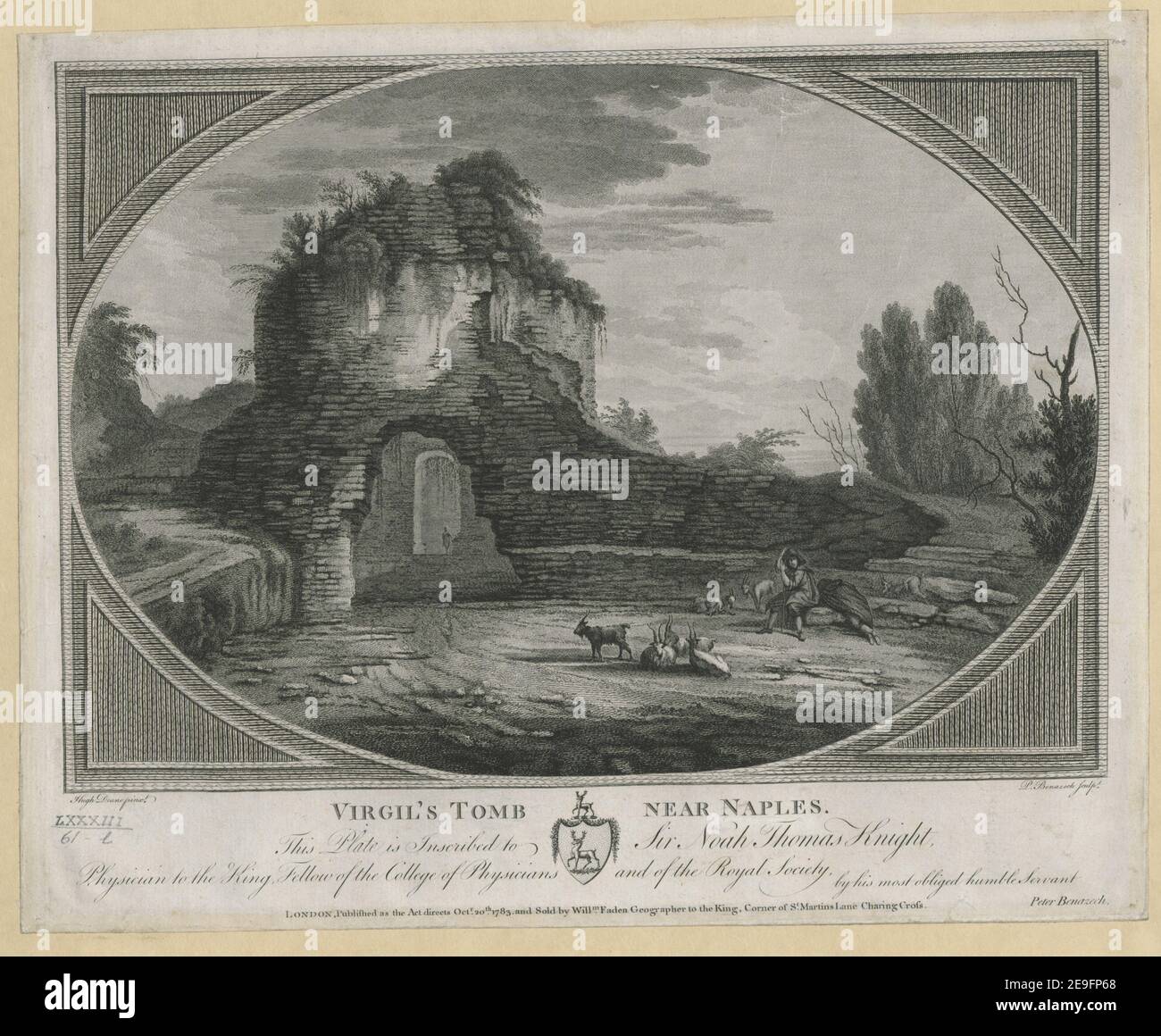 View of Virgil's Tomb near Naples, by Hugh Deane, engraved by Benazech. Map information:  Title: View of Virgil's Tomb near Naples, by Hugh Deane, engraved by Benazech. 83.61.l. Date of publication: 1783.   Former owner: George III, King of Great Britain, 1738-1820 Stock Photo