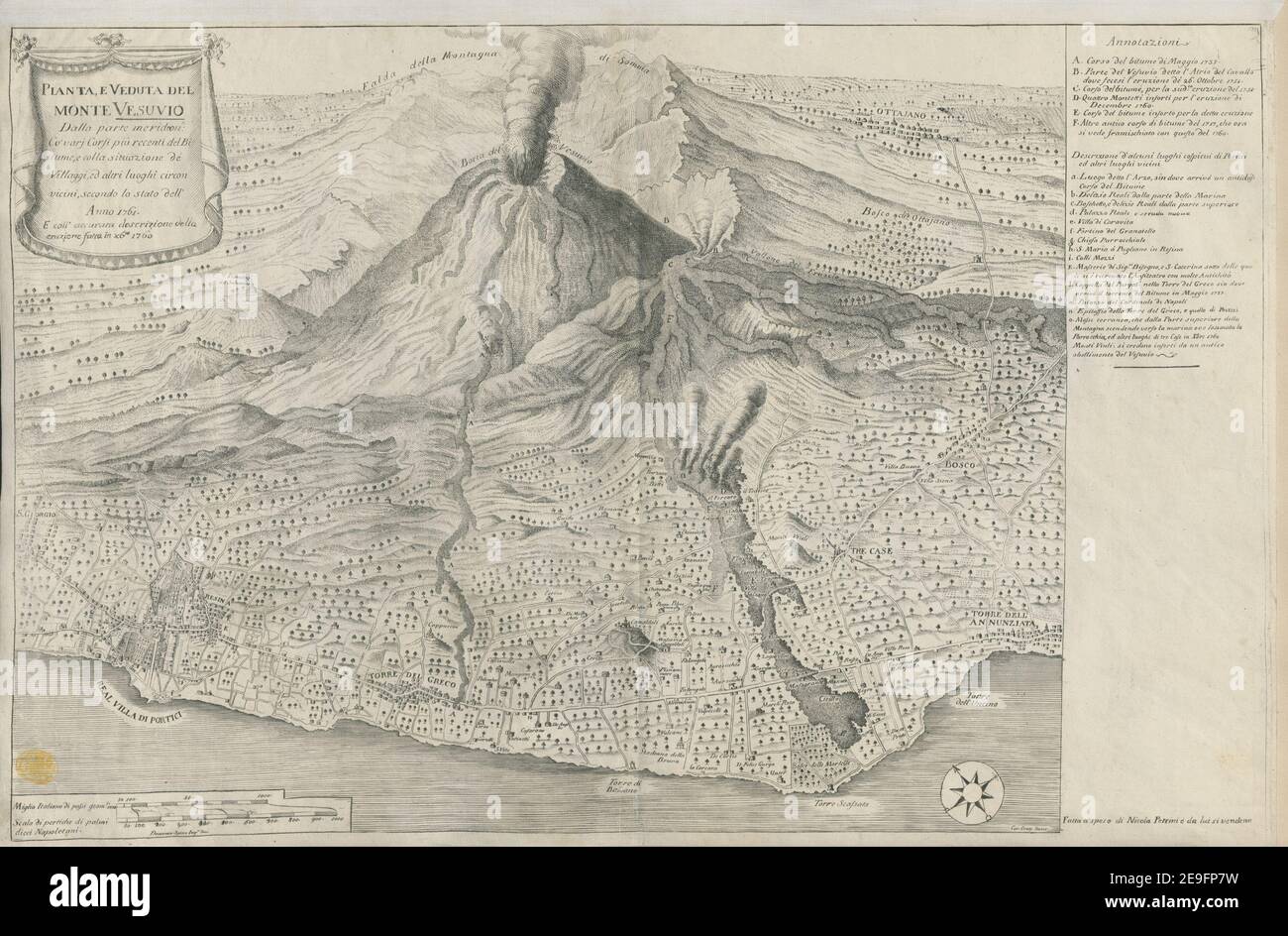 PIANTA, E VEDUTA DEL MONTE VESUVIO Dalla parte meridionle: Co'varj Corsi piuÃÄ recenti del Bitume, e colla situazione de' Villaggi, ed altri luoghi circonvicini, secondo lo stato dell'Anno 1761. E coll' accurata des Visual Material information:  Title: PIANTA, E VEDUTA DEL MONTE VESUVIO Dalla parte meridionle: Co'varj Corsi piuÃÄ recenti del Bitume, e colla situazione de' Villaggi, ed altri luoghi circonvicini, secondo lo stato dell'Anno 1761. E coll' accurata descrizione della eruzione fatta in xbre. 1760  83.79.b. Place of publication: [Naples] Publisher: Stock Photo