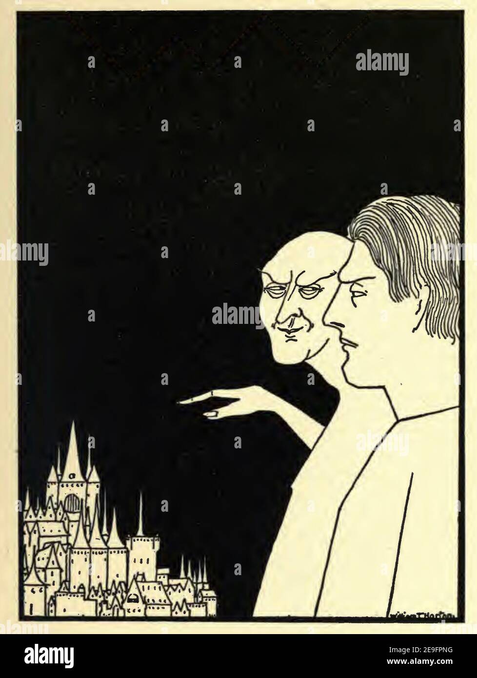 William Thomas Horton illustration entitled Temptation. Two figures regard the city in the distance. From the Book of Images prefaced by W B Yeats Stock Photo