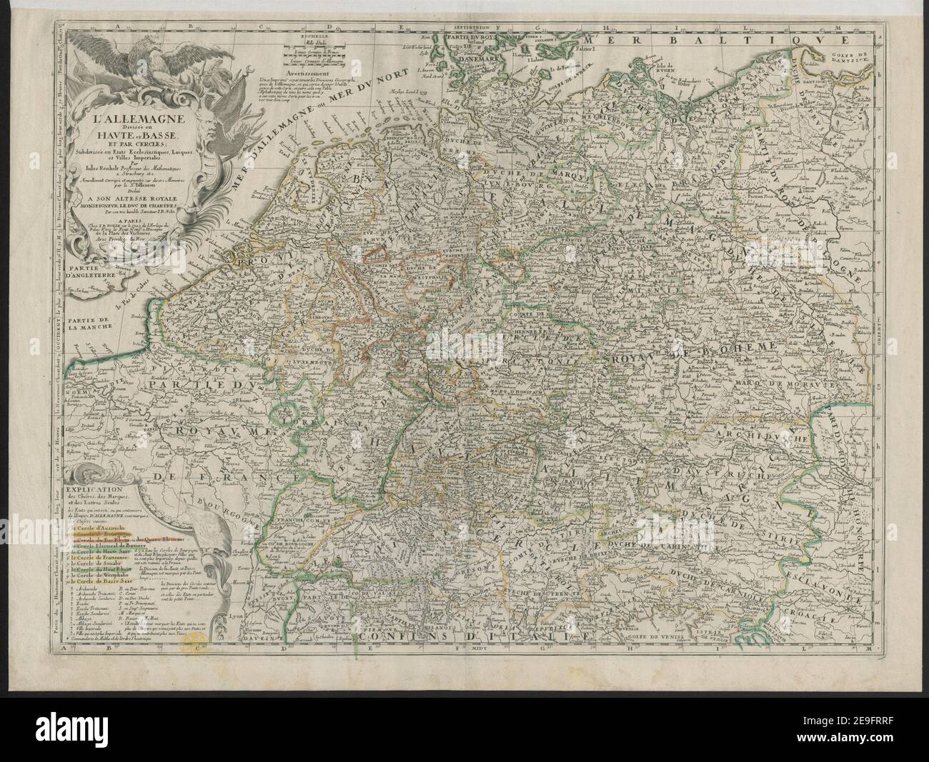 L'ALLEMAGNE DiviseÃÅe en HAVTE et BASSE, ET PAR CERCLES Author  Nolin, Jean Baptiste 87.34. Place of publication: A PARIS Publisher: Chez I B NOLIN sue le Quay de l'Horloge du Palais Vers le Pont Neuf a lEnseigne de la Place des Victoires. Avec Prvilege du Roy, Date of publication: 1703.  Item type: 1 map Medium: copperplate engraving, hand colour in outline Dimensions: 45 x 59 cm  Former owner: George III, King of Great Britain, 1738-1820 Stock Photo