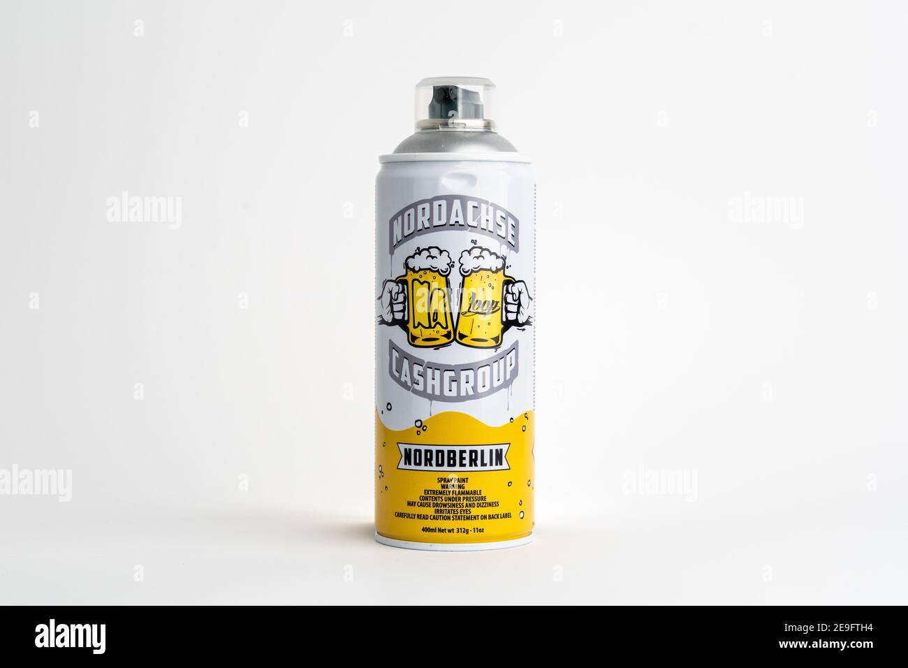 Loopcolors collaboration with Nordachse Nordberlin beer. Limited 400 ml graffiti spray paint can in silver with the logo design in front of a white BG Stock Photo