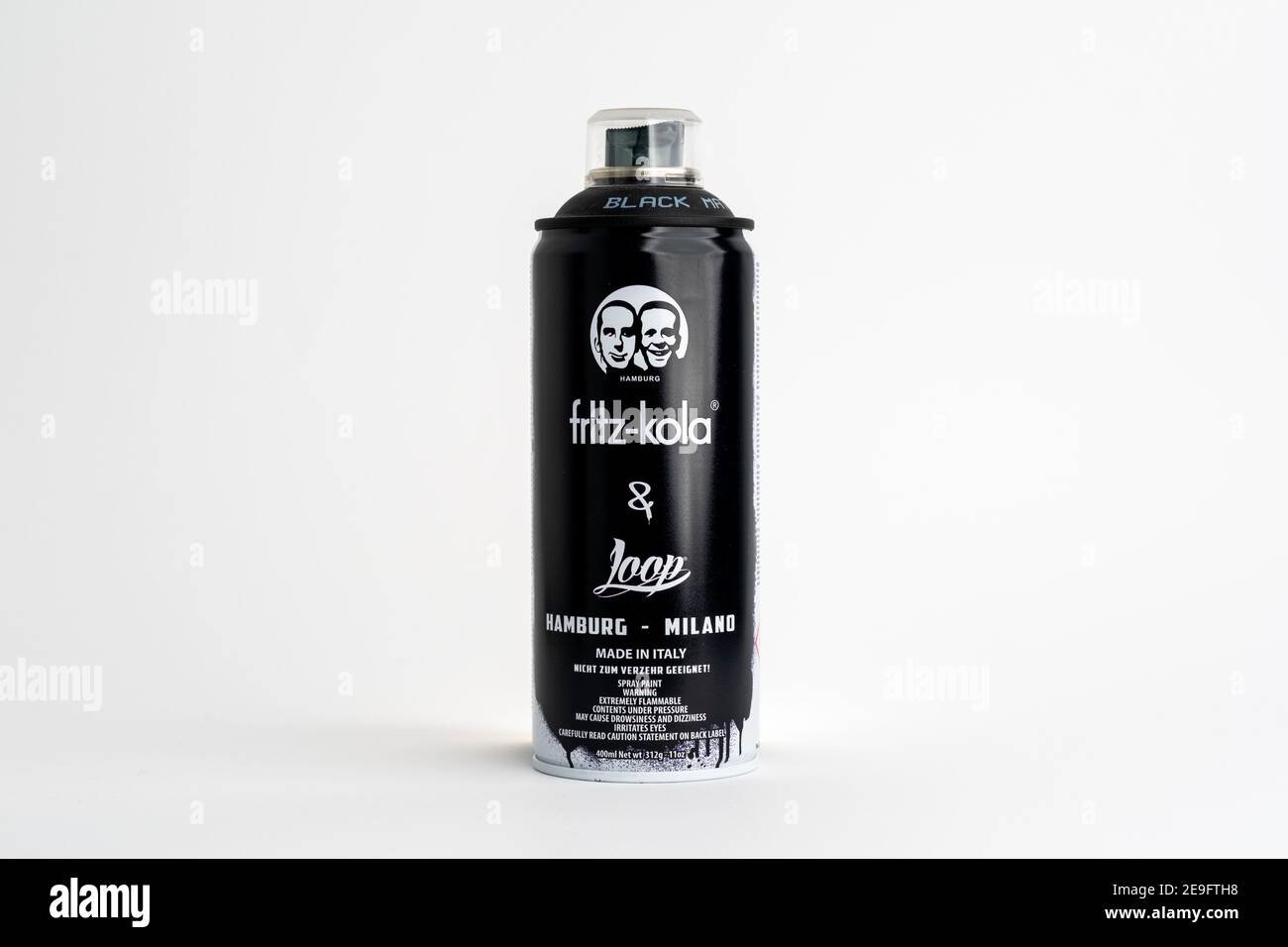 Loopcolors collaboration with fritz-kola. Limited 400 ml graffiti spray paint can in black with the cola bottle design in front of a white background Stock Photo