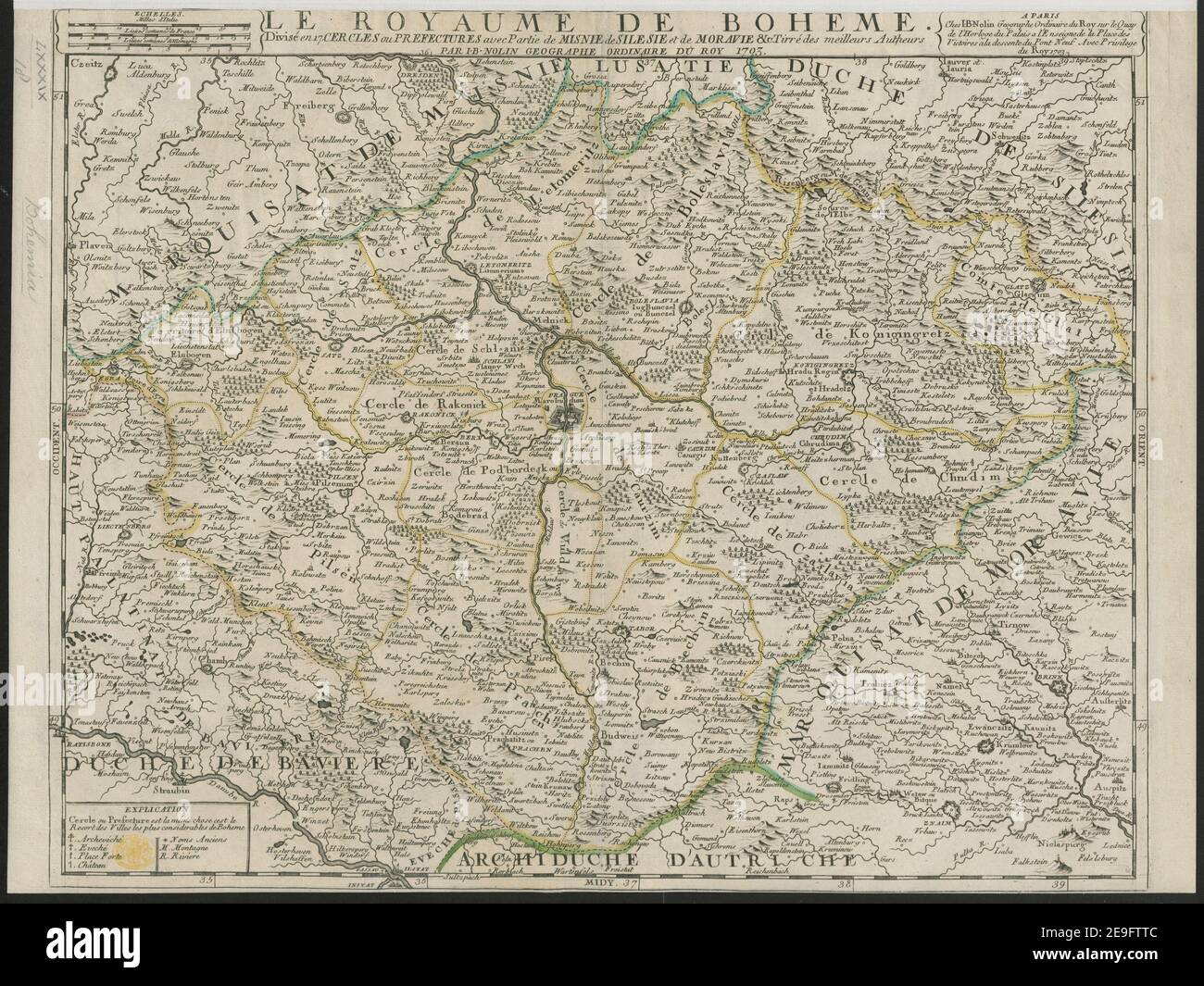 LE ROYAUME DE BOHEME.  Author  Nolin, Jean Baptiste 89.18. Place of publication: A PARIS Publisher: Cjes I. B. Noline Geographe Ordinaire du Roy sur le Quay de l'Horloge du Palais a l'Enseign de la Place des Victoires a la descente du Pont Neuf Avec Privilege du Roy, Date of publication: 1703.  Item type: 1 map Medium: copperplate engraving, hand colour in outline Dimensions: 41 x 54 cm  Former owner: George III, King of Great Britain, 1738-1820 Stock Photo