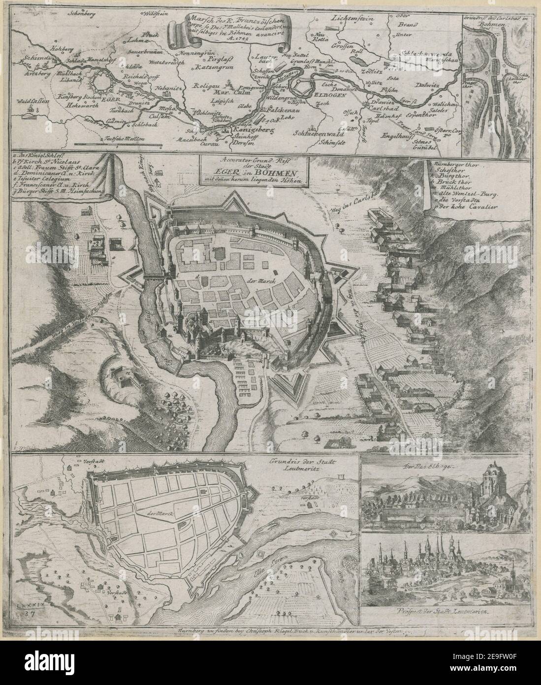 Accurater Grund Ri√ü der Stadt Eger in BOHMEN, mit denen herum liegenden HoÃàhen  Author  Riegel, Christoph 89.37. Place of publication: [Nuremberg?] Publisher: Nurnberg zu finden bey Christoph Riegel Buch u. KunsthaÃàndler unter der Vesten, Date of publication: [after 1742.]  Item type: 6 maps on 1 sheet Medium: copperplate engraving Dimensions: sheet 42 x 36 cm  Former owner: George III, King of Great Britain, 1738-1820 Stock Photo