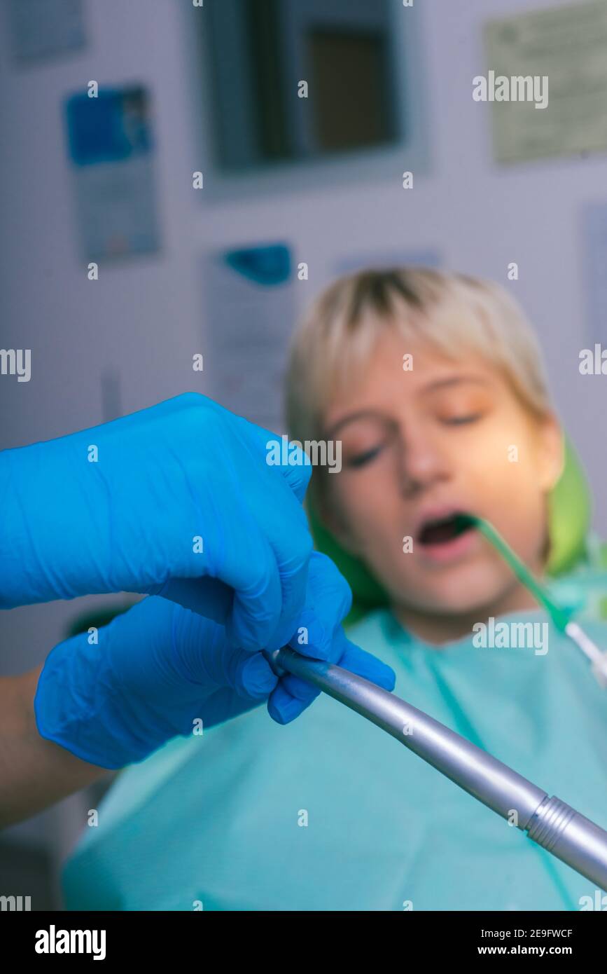 Closeup clean dental examination on a woman's teeth in a dental office