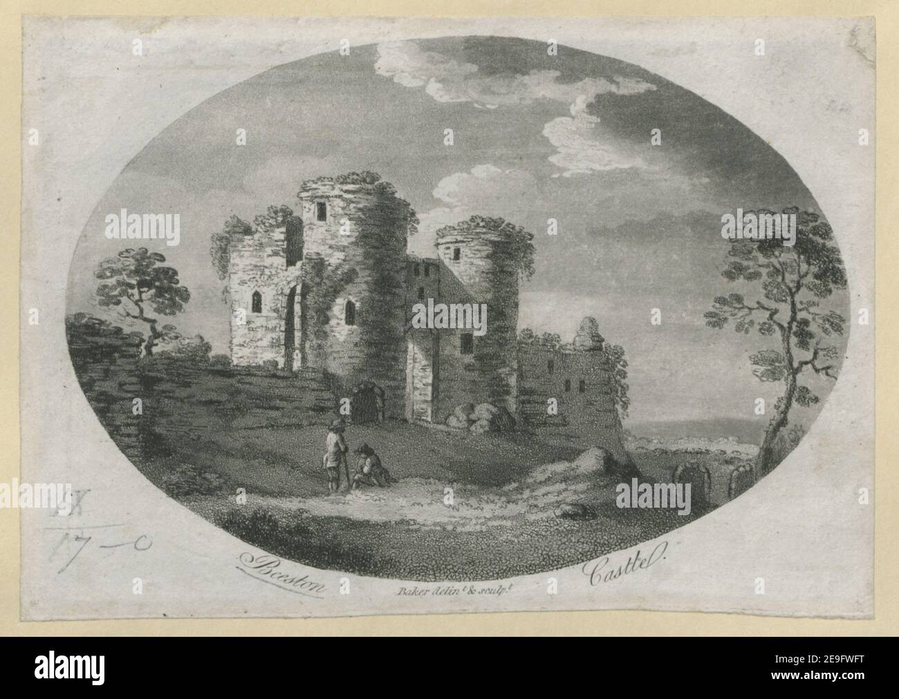 Beeston Castle in Cheshire.  Author  Baker, James 9.17.c. Place of publication: [Worcester , London] Publisher: [printed and sold by J. Tymbs, a the Cross; sold also by Robson, New Bond Street; Ottridge, Strand; White, Fleet Street; Rivingtons, St. Paul's Church Yard; Richardson, Royal Exchange; and at Taylor's architectural library, London]., Date of publication: [1795]  Item type: 1 print Medium: etching and aquatint Dimensions: sheet 11.8 x 16.7 cm [trimmed within platemark]  Former owner: George III, King of Great Britain, 1738-1820 Stock Photo
